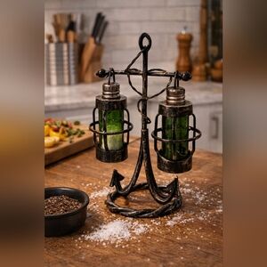 Vintage Metal Anchor Stand Hanging green Glass Lantern Salt and Pepper Shakers